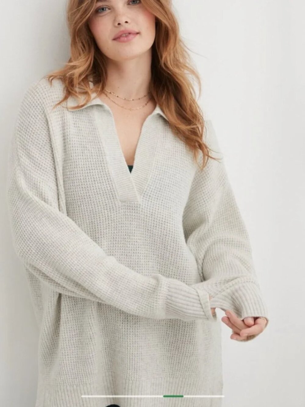 Aerie CozyUp Waffle Polo Sweater Oversized Pullover V-Neck Soft Cozy